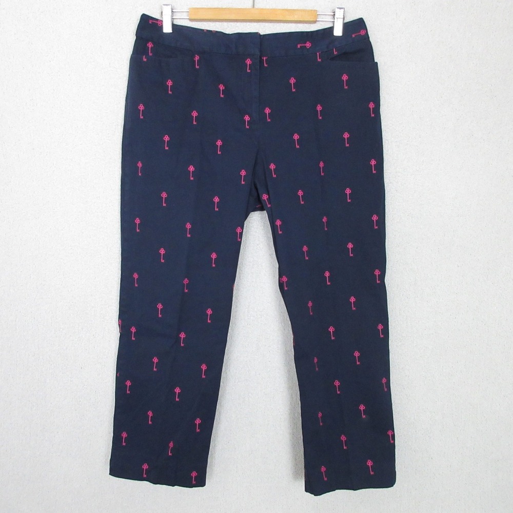 Talbots Ankle Pants Womens 16 Navy Blue Pink Embroidered Skeleton Key Curvy Fit